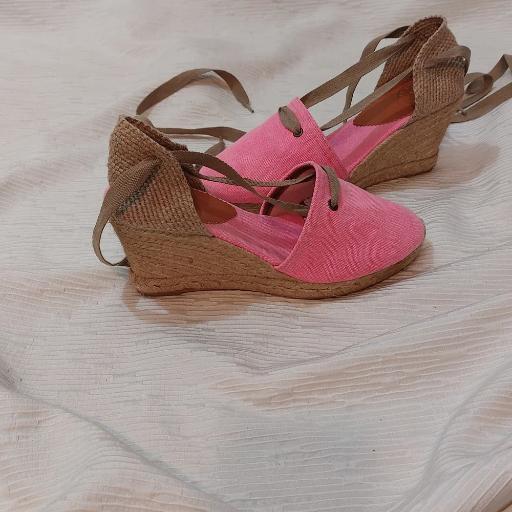 Penelope Chilvers Pink Espadrille Wedge Ankle Tie Sandals Size 40